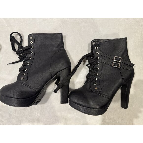 Womens Ankle Boots Round Toe Block Chunky High Heels Lace Up Platform Shoes  Sz9 - Picture 5 of 10